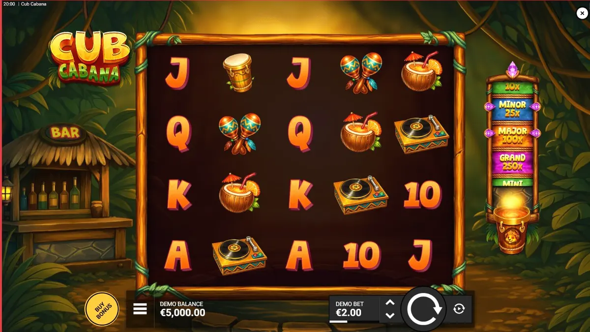 Interface vibrante do slot Cub Cabana com tema tropical