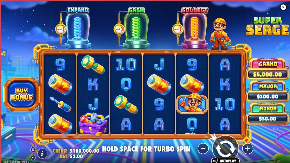 Interface visual e símbolos do slot Super Serge com temática de eletricista futurista