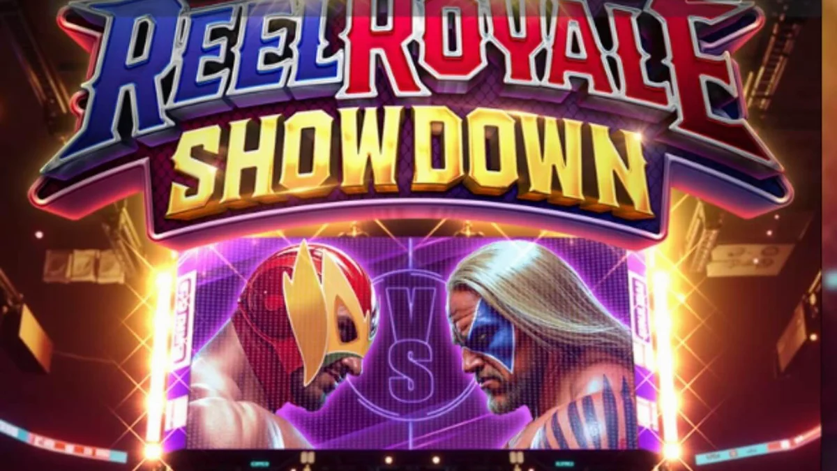 Interface do slot Reel Royale Showdown em um dispositivo móvel mostrando o ringue de luta.